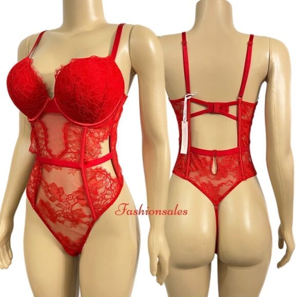 Victoria’s Secret Sexy Bombshell Push Up Adds 2 Cups Lace Teddy Bodysuit Red - Picture 10 of 10